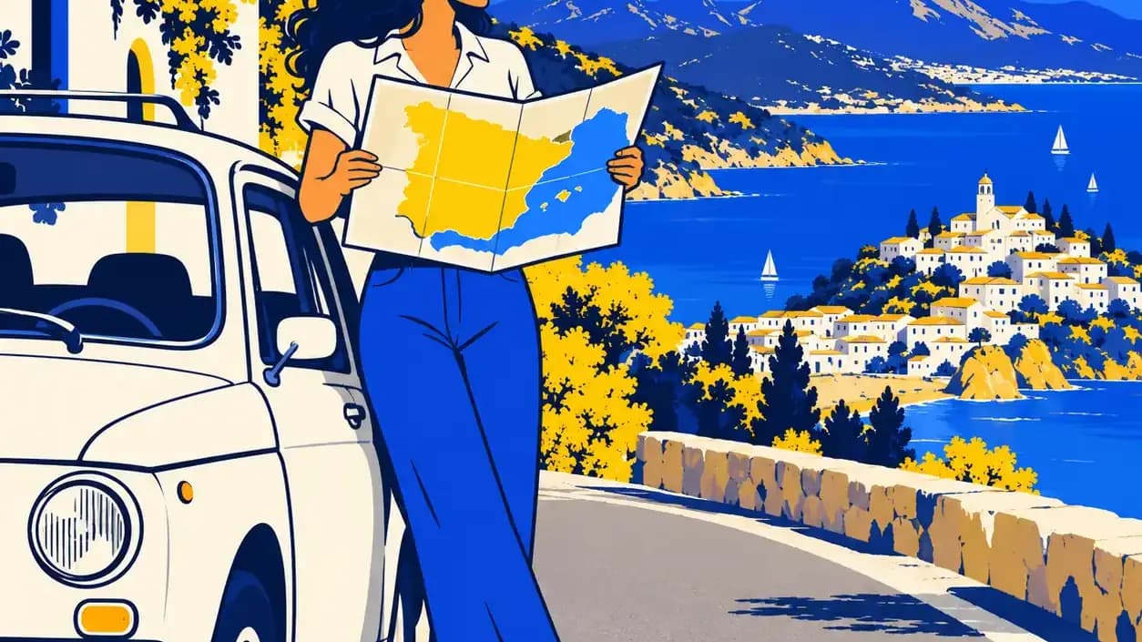 Una mujer junto a un coche usado con un mapa de España abierto