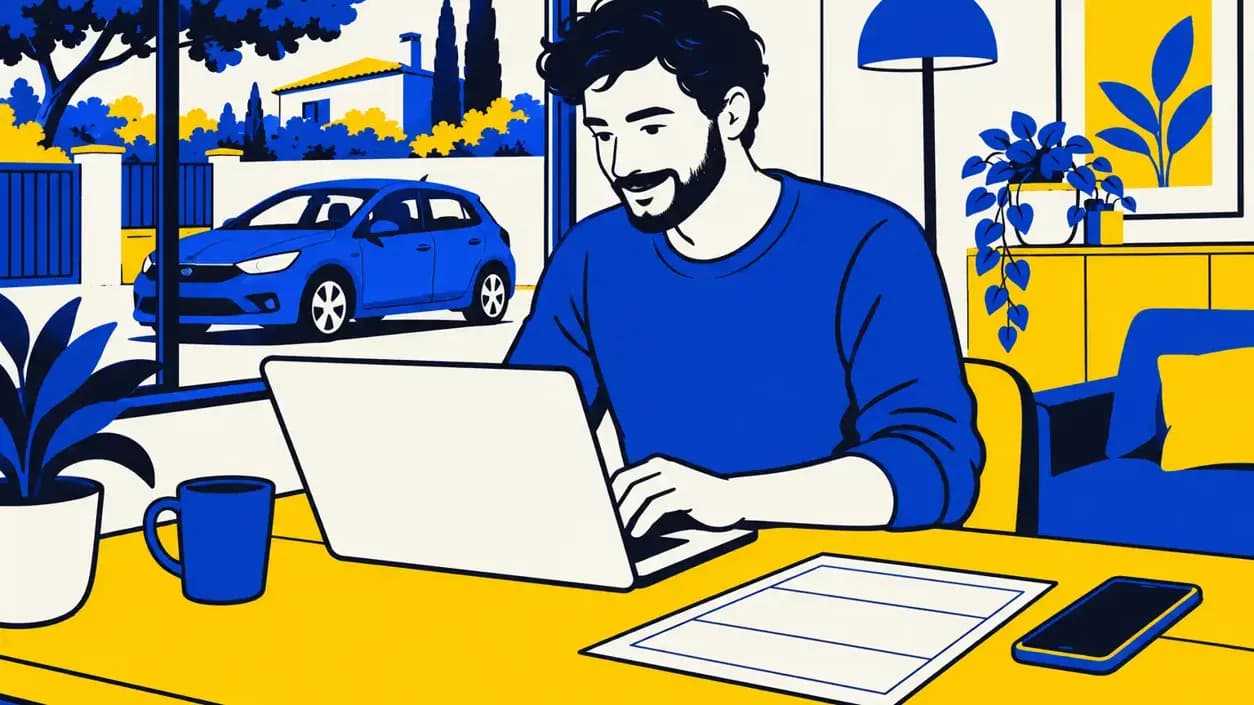 Un hombre hace la transferencia del coche online desde casa
