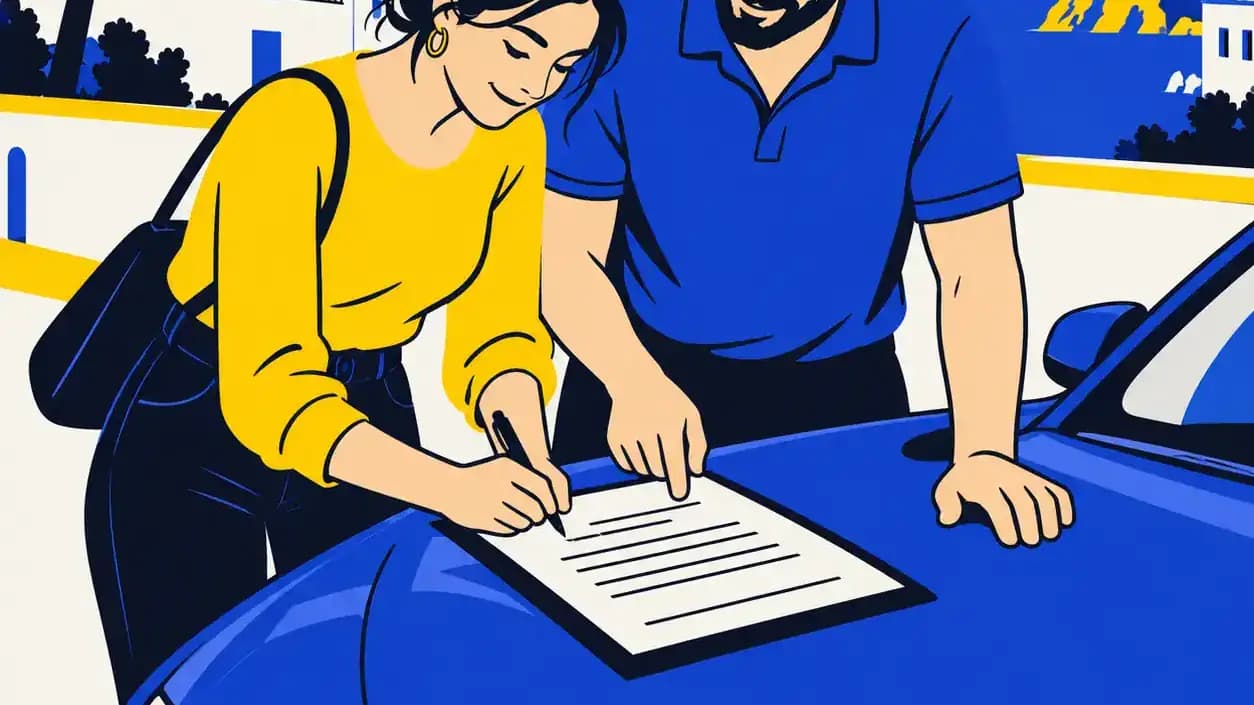 Vendedor y comprador firman el contrato de compraventa de un coche