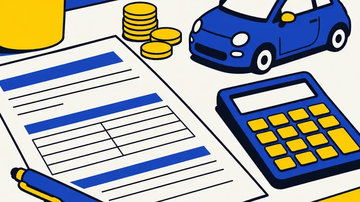 Impreso de impuestos, calculadora y monedas junto a un coche de juguete