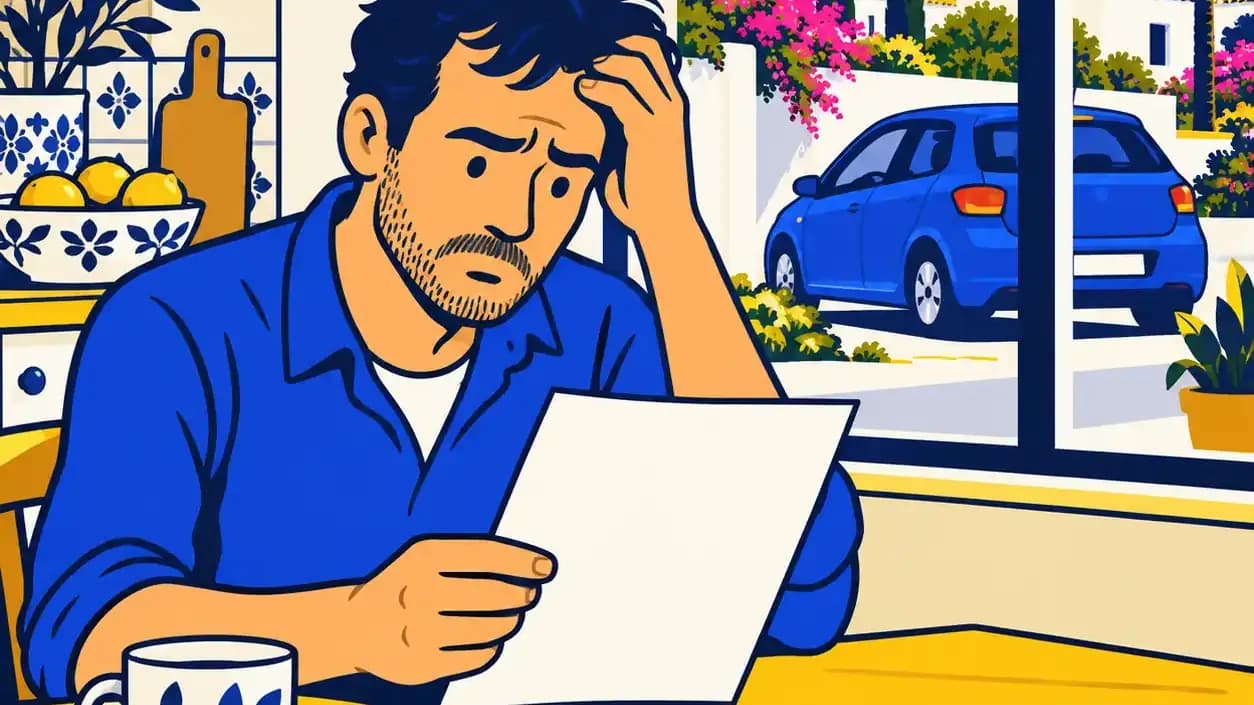 Hombre en la cocina mirando una carta oficial, con su coche aparcado al otro lado de la ventana