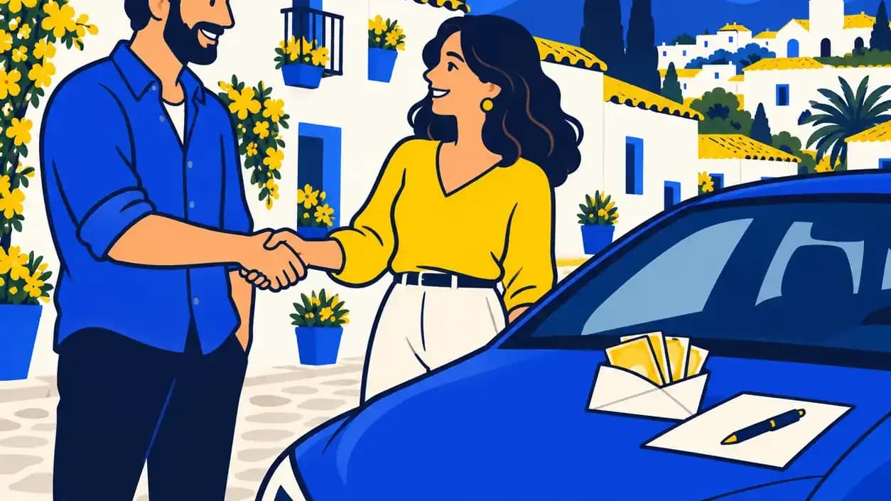 Dos personas se dan la mano junto a un coche en venta con un sobre sobre el capó