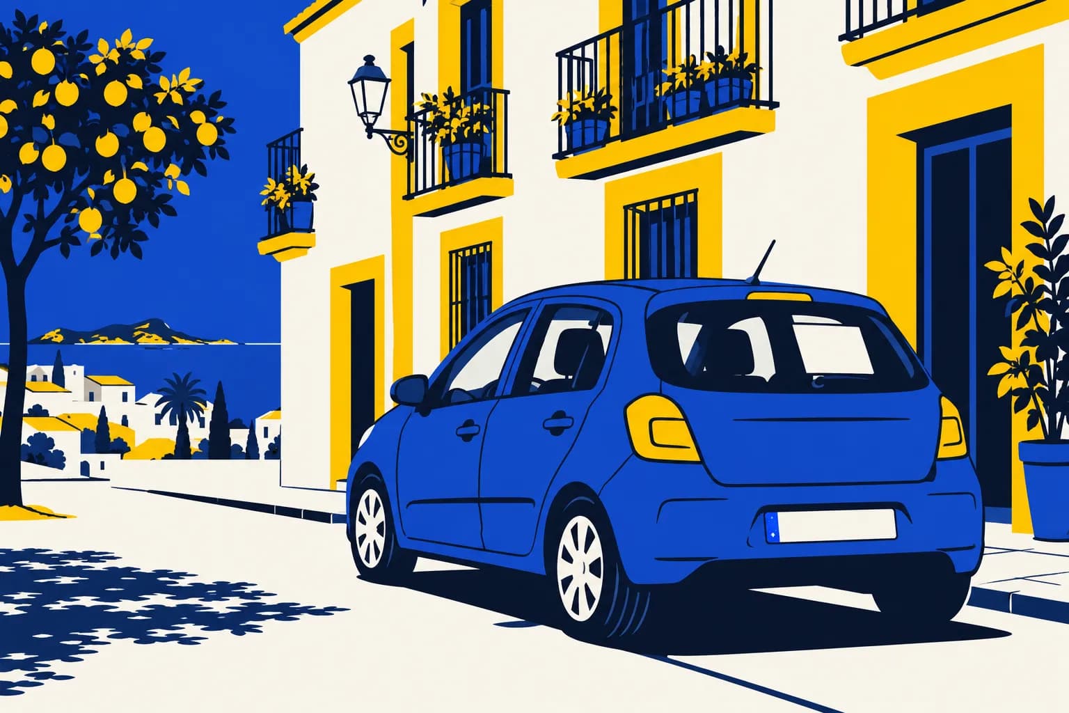 Un coche usado aparcado en una calle soleada, con un cartel de venta en la luna trasera